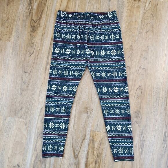 🔸️NWT Apt 9 Green w/Cream & Red Holiday Snowflake Print Leggings Medium - Picture 2 of 9